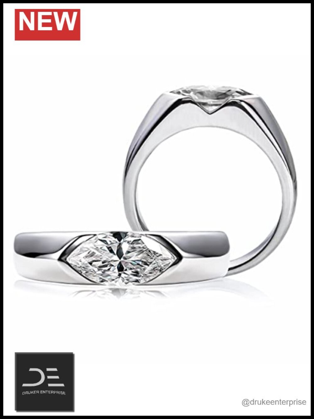 Platinum Plated Silver Moissanite Engagement Ring Marquise Bezel Solitaire